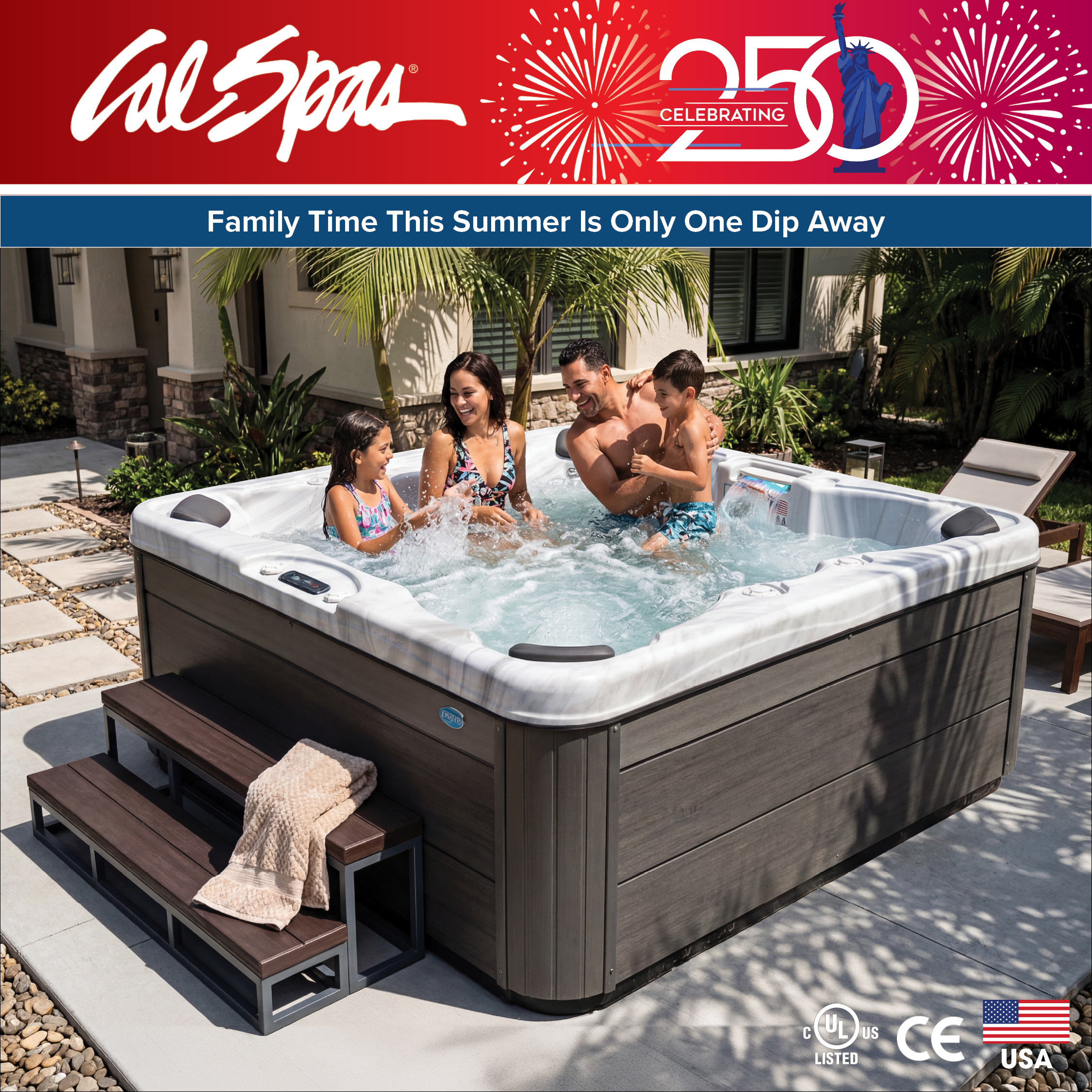 Calspas hot tub being used in a family setting - Surprise